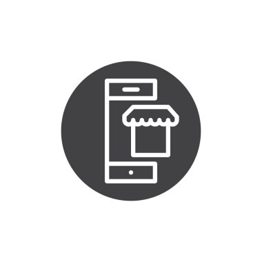 Hareket eden telefon ile pazar simge vektör, düz işareti, üzerinde beyaz izole katı piktogram dolu. E-ticaret sembolü, logo illüstrasyon.