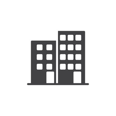 Ofis Binası simge vektör, düz işareti, üzerinde beyaz izole katı piktogram dolu. İş Merkezi sembolü, logo illüstrasyon