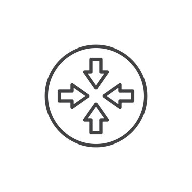 Dört ok satırı simgesi, Anahat vektör işareti üzerinde beyaz izole doğrusal stil piktogram. Ok sembolü, logo illüstrasyon çarpışır. Düzenlenebilir kontur