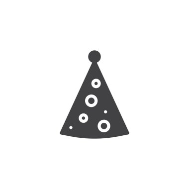 Parti şapka simge vektör, dolu düz işareti, üzerinde beyaz izole katı piktogram. Koni şapka sembolü, logo illüstrasyon