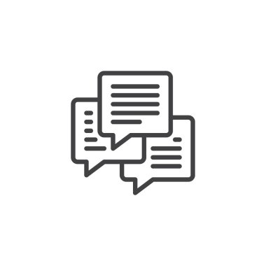 Konuşma balonu iletileri sıraya simgesi, Anahat vektör işareti, üzerinde beyaz izole doğrusal stil piktogram. Anahat sohbet simgesi, logo illüstrasyon. Düzenlenebilir kontur