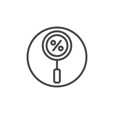 Cam bir yüzde satırı simgesi ile büyütme, Anahat vektör işareti, üzerinde beyaz izole doğrusal stil piktogram. Arama