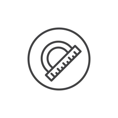 Cetvel satırı simgesi, Anahat vektör işareti üzerinde beyaz izole doğrusal stil piktogram. Protactor sembolü, logo illüstrasyon. Düzenlenebilir kontur