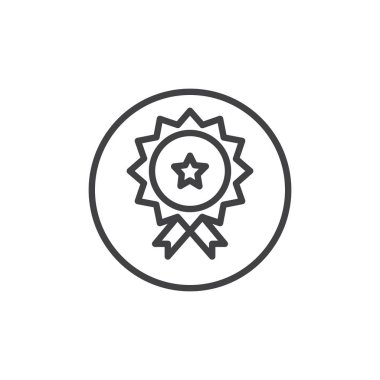 Kazanma Ödülü, ödül, madalya satırı simgesi, Anahat vektör işareti üzerinde beyaz izole doğrusal stil piktogram. Yıldız sembolü, logo illüstrasyon rozet. Düzenlenebilir kontur