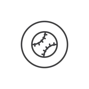 Beyzbol topu satırı simgesi, Anahat vektör işareti üzerinde beyaz izole doğrusal stil piktogram. Softbol sembolü, logo illüstrasyon. Düzenlenebilir kontur