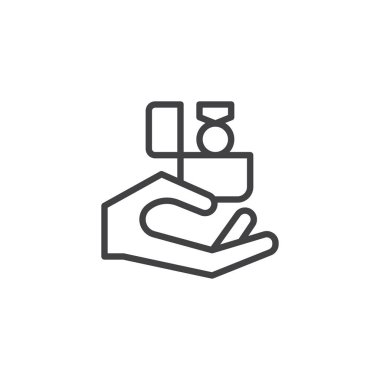 Hediye kutusu halka çizgi simgesiyle tutan el Anahat vektör işareti, üzerinde beyaz izole doğrusal stil piktogram. Nişan sembolü, logo illüstrasyon. Düzenlenebilir kontur