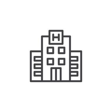 Otel binası satırı simgesi, Anahat vektör işareti, üzerinde beyaz izole doğrusal stil piktogram. Sembol, logo illüstrasyon. Düzenlenebilir kontur