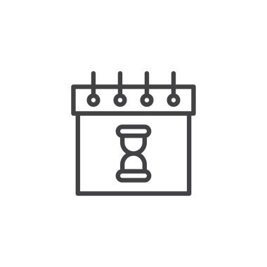 Takvim ile kum saati satırı simgesi, vektör işareti, anahat üzerinde beyaz izole doğrusal stil piktogram. Zaman yönetimi sembolü, logo illüstrasyon. Düzenlenebilir kontur