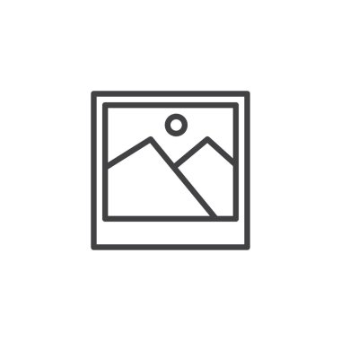 Manzara fotoğraf satırı simgesi, vektör işareti, anahat üzerinde beyaz izole doğrusal stil piktogram. Resim simge, logo illüstrasyon. Düzenlenebilir kontur