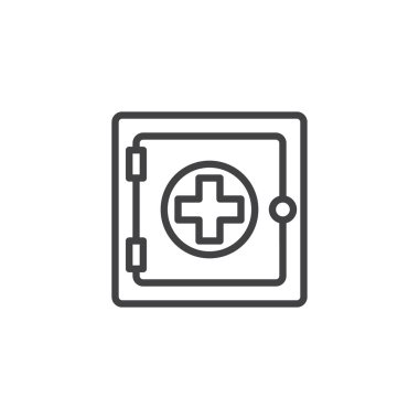 Acil durum kiti satırı simgesi, Anahat vektör işareti üzerinde beyaz izole doğrusal stil piktogram. Ecza sembolü, logo illüstrasyon. Düzenlenebilir kontur