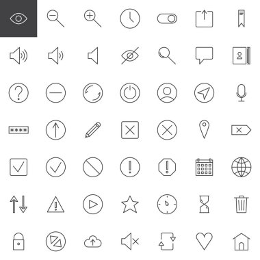 Basit Kullanıcı arayüzü satır Icons set, Anahat vektör simgesi toplama, doğrusal tarz piktogram paketi. İşaretler, logo illüstrasyon. Retweet, oklar, rehber, Kullanıcı, mikrofon simgeler içerir