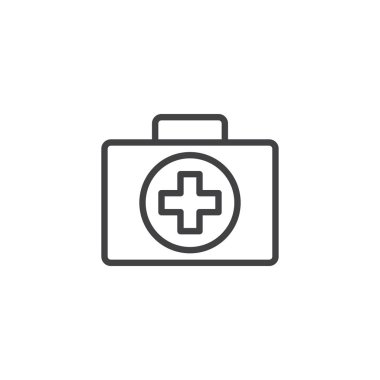 İlk yardım kiti satırı simgesi, Anahat vektör işareti üzerinde beyaz izole doğrusal stil piktogram. Doktorlar çanta ile çapraz, tıbbi bavul sembolü, logo illüstrasyon. Düzenlenebilir kontur