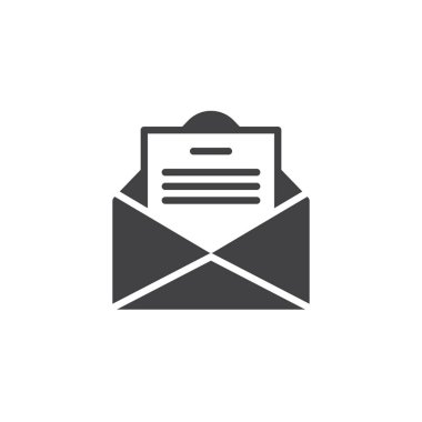 Zarf e-posta ile posta kartı kart mektup simge vektör, düz işareti, üzerinde beyaz izole katı piktogram dolu. Açık ileti simgesi, logo illüstrasyon.