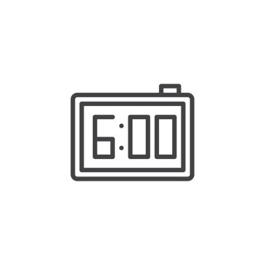 Dijital çalar saat satırı simgesi, Anahat vektör işareti üzerinde beyaz izole doğrusal stil piktogram. 6 pm uyarı mektubu sembolü, logo illüstrasyon elektronik izle. Düzenlenebilir kontur