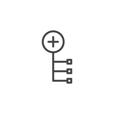 Düğüm satırı simgesi eklemek için vektör işareti, anahat üzerinde beyaz izole doğrusal stil piktogram. İle birleşme artı sembolü, logo illüstrasyon. Düzenlenebilir kontur