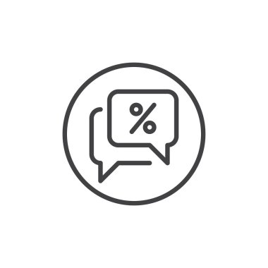 Konuşma balonu ile yüzde satırı simgesi, Anahat vektör işareti, üzerinde beyaz izole doğrusal stil piktogram. Satış iskontoları ile sohbet sembolü, logo illüstrasyon sunuyoruz. Düzenlenebilir kontur