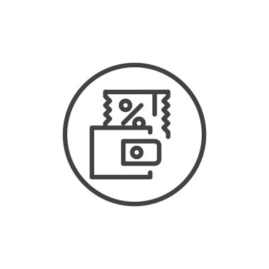 İndirim kupon satırı simgesi, vektör işareti, anahat üzerinde beyaz izole doğrusal stil piktogram. Sembol, logo illüstrasyon. Düzenlenebilir kontur