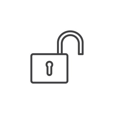 Açık asma kilit satırı simgesi, vektör işareti, anahat üzerinde beyaz izole doğrusal stil piktogram. Sembol, logo illüstrasyon kilidini. Düzenlenebilir kontur