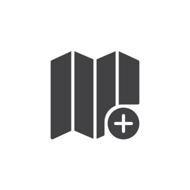 İle harita plus simge vektör, düz işareti, üzerinde beyaz izole katı piktogram dolu. Şehir haritası Ekle sembolü, logo illüstrasyon.