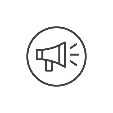 Megafon satırı simgesi, Anahat vektör işareti üzerinde beyaz izole doğrusal stil piktogram. Hoparlör megafon sembolü, logo illüstrasyon. Düzenlenebilir kontur