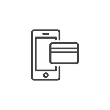 Mobil ödeme satırı simgesi, Anahat vektör işareti üzerinde beyaz izole doğrusal stil piktogram. Kredi kartı sembolü, logo illüstrasyon ile akıllı telefon. Düzenlenebilir kontur