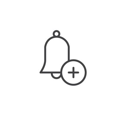 Uyarı mektubu satırı simgesi eklemek için vektör işareti, anahat üzerinde beyaz izole doğrusal stil piktogram. Bell ile artı sembolü, logo illüstrasyon. Düzenlenebilir kontur