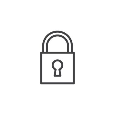 Asma kilit anahtar deliği satırı simgesi ile vektör işareti, anahat üzerinde beyaz izole doğrusal stil piktogram. Kilit şifre simgesi, logo illüstrasyon. Düzenlenebilir kontur