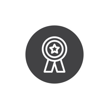 Madalya ödülü simge vektör, dolu düz işareti, üzerinde beyaz izole katı piktogram. Yıldız kalite mühür sembolü, logo illüstrasyon.