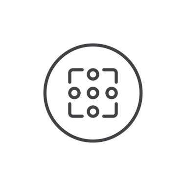 Kamera odak satır simgesi, Anahat vektör işareti üzerinde beyaz izole doğrusal stil piktogram. Sembol, logo illüstrasyon. Düzenlenebilir kontur