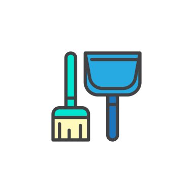 Süpürge ve kepçe doldurulmuş anahat simgesini, çizgi vektör işareti, üzerinde beyaz izole doğrusal renkli sembol. Sembol, logo illüstrasyon. Piksel mükemmel vektör grafikleri