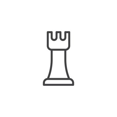 Satranç Kalesi satırı simgesi, Anahat vektör işareti üzerinde beyaz izole doğrusal stil piktogram. Strateji satranç parça sembolü, logo illüstrasyon. Düzenlenebilir kontur