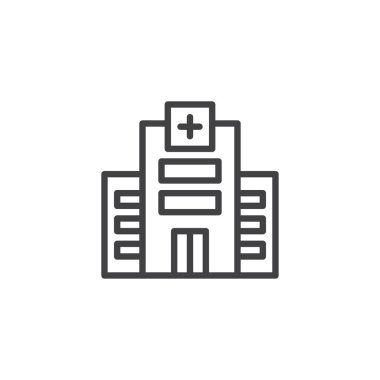 Satırı simgesi, bina hastane Anahat vektör işareti, üzerinde beyaz izole doğrusal stil piktogram. Tıbbi klinik sembolü, logo illüstrasyon. Düzenlenebilir kontur