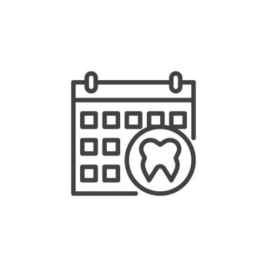 Takvim randevu ile diş hekimi satırı simgesi, vektör işareti, anahat üzerinde beyaz izole doğrusal stil piktogram. Diş zamanlama sembolü, logo illüstrasyon. Düzenlenebilir kontur