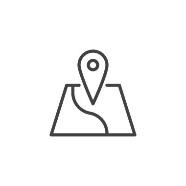 Konuma satırı simgesi harita, vektör işareti, anahat üzerinde beyaz izole doğrusal stil piktogram. Coğrafi konum PIN sembolü, logo illüstrasyon. Düzenlenebilir kontur