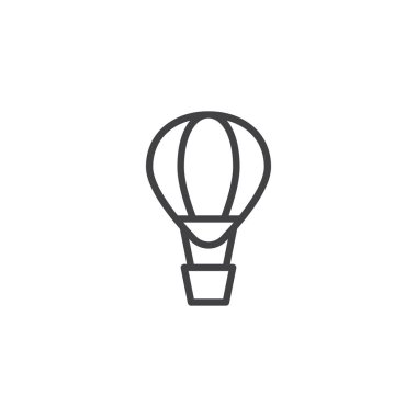 Sıcak hava balon satırı simgesi, Anahat vektör işareti üzerinde beyaz izole doğrusal stil piktogram. Airballoon macera trasnport sembolü, logo illüstrasyon sinek. Düzenlenebilir kontur