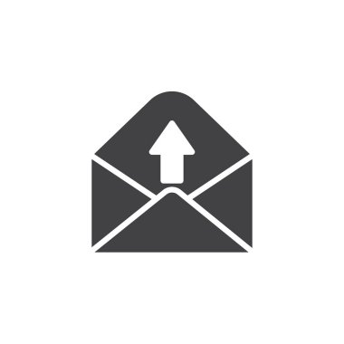 Giden ileti simge vektör, düz işareti, üzerinde beyaz izole katı piktogram dolu. E-posta simgesi, logo resim gönder.