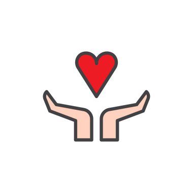 Kalp el doldurulmuş anahat simgesini, çizgi vektör işareti, üzerinde beyaz izole doğrusal renkli sembol. Bakım sembolü, logo illüstrasyon. Piksel mükemmel vektör grafikleri