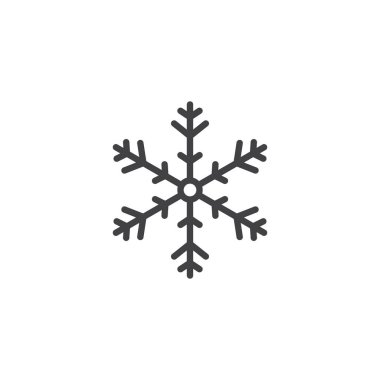 Kar tanesi satırı simgesi, Anahat vektör işareti üzerinde beyaz izole doğrusal stil piktogram. Noel dekorasyon sembolü, logo illüstrasyon. Düzenlenebilir kontur