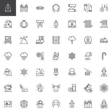 Kış tatil satırı Icons set, Anahat vektör simgesi toplama, doğrusal tarz piktogram paketi. İşaretler, logo illüstrasyon. Kış şapka, kulaklıklar, buz pateni, kardan adam, kar tanesi, Kayak simgeler içerir