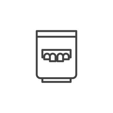 Takma diş cam satırı simgesi, Anahat vektör işareti, üzerinde beyaz izole doğrusal stil piktogram. Protez dişler sembolü, logo illüstrasyon. Düzenlenebilir kontur