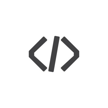 Kod simge vektör programlama, düz işareti, üzerinde beyaz izole katı piktogram dolu. Sembol, logo illüstrasyon.