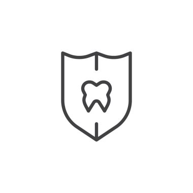Kalkan diş satırı simgesi korumak, vektör işareti, anahat üzerinde beyaz izole doğrusal stil piktogram. Diş sağlık sembol, logo illüstrasyon. Düzenlenebilir kontur