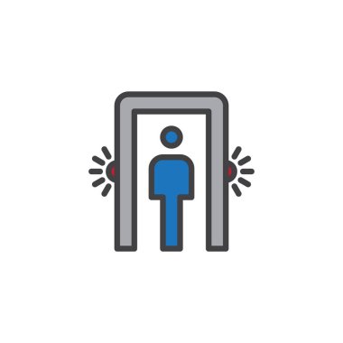 Eleme yolcu dolu anahat simgesini, çizgi vektör işareti, üzerinde beyaz izole doğrusal renkli sembol. Metal dedektörü geçit sembolü, logo illüstrasyon. Piksel mükemmel vektör grafikleri