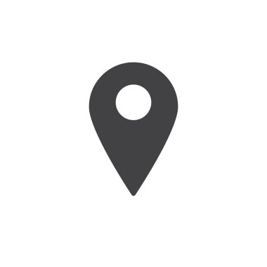 Harita işaretçi simge vektör, dolu düz işareti, üzerinde beyaz izole katı piktogram. Konumu PIN sembolü, logo illüstrasyon.