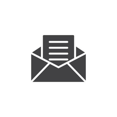 Posta simge vektör, dolu düz işareti, üzerinde beyaz izole katı piktogram alırsınız. Sembol, logo illüstrasyon içinde mektup ile açılan zarf.