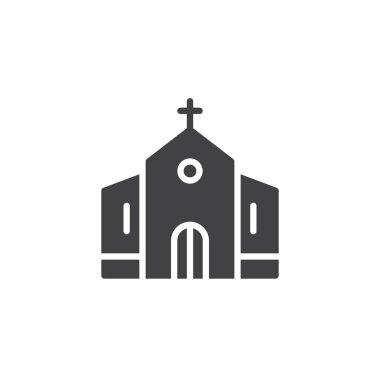 Simge vektör, bina kilise düz işareti, üzerinde beyaz izole katı piktogram dolu. Katolik Kilisesi sembolü, logo illüstrasyon.