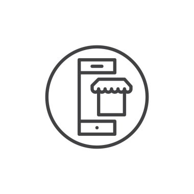 Hareket eden telefon ile Pazar satırı simgesi, Anahat vektör işareti, üzerinde beyaz izole doğrusal stil piktogram. E-ticaret sembolü, logo illüstrasyon. Düzenlenebilir kontur