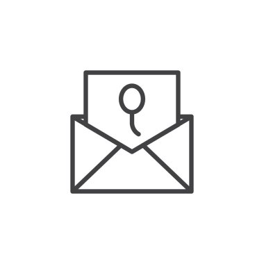 Davetiye kartı satırı simgesi, Anahat vektör işareti üzerinde beyaz izole doğrusal stil piktogram. Zarf bir parti kartı simgesiyle logo illüstrasyon. Düzenlenebilir kontur