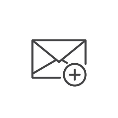 İleti satır simgesi eklemek için vektör işareti, anahat üzerinde beyaz izole doğrusal stil piktogram. Zarf ile artı sembolü, logo illüstrasyon. Düzenlenebilir kontur