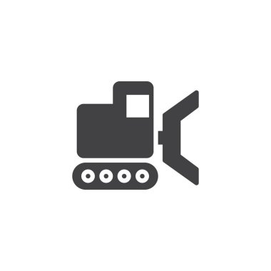 Buldozer simge vektör, düz işareti, üzerinde beyaz izole katı piktogram dolu. Ekskavatör sembolü, logo illüstrasyon